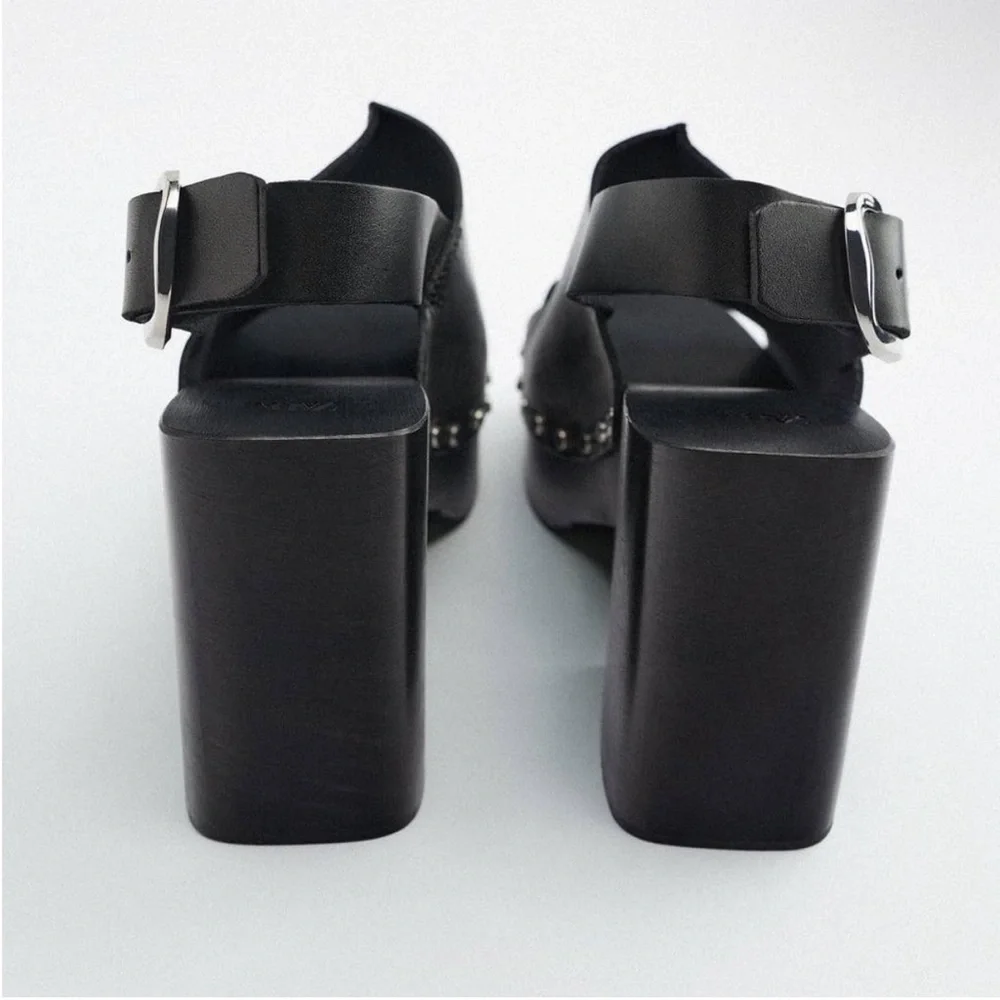 ZARA Slimg Back Leather and Wood Platform Clog - Picture 4 of 11